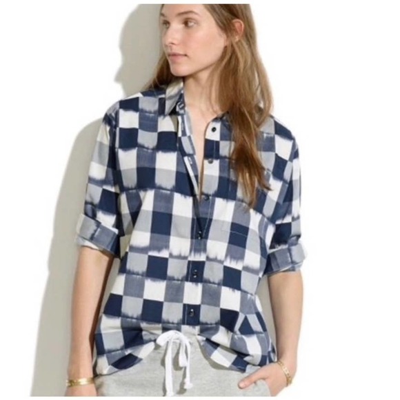 Madewell Oversized Blue & White Faded/ Bleeding Plaid Casual Button Down Small - Picture 4 of 4